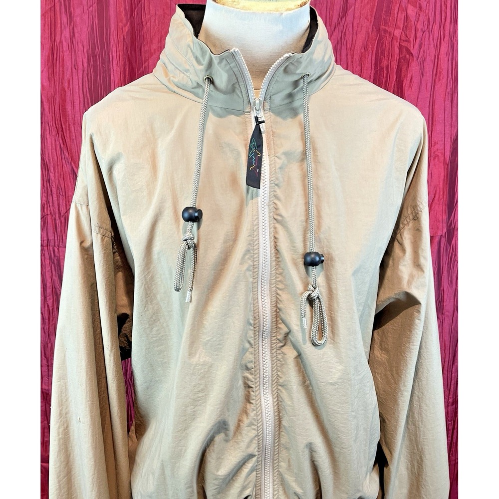 Mens Greg Norman Tan Nylon Rain Jacket Windbreaker w/ Packable Hood sz Lg